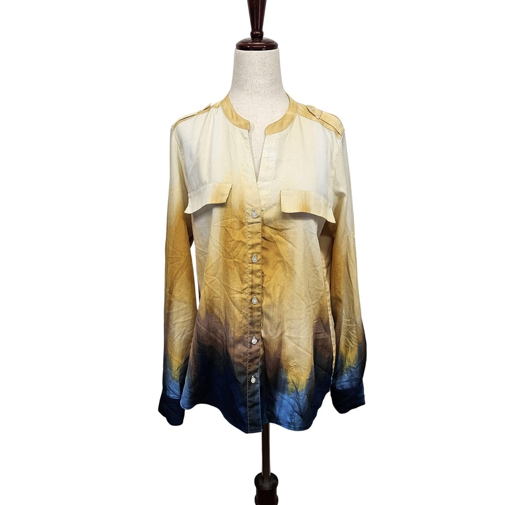 Calvin Klein Blouse Womens Small Petite Multicolor Ombre Roll Tab Button Shirt